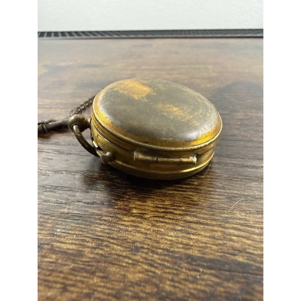 Vintage Antique Brass Pocket Compass Made In France Military Style W/CHAIN Works